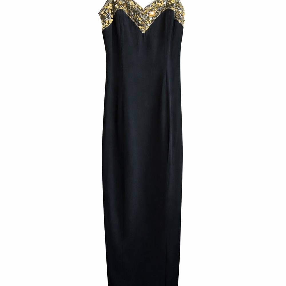 Vintage 90s Late Edition Ltd Beaded Black Maxi Gown USA Goth Gala Dress